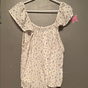 💙SHEIN White and Blue Puff Sleeve Smocked Blouse